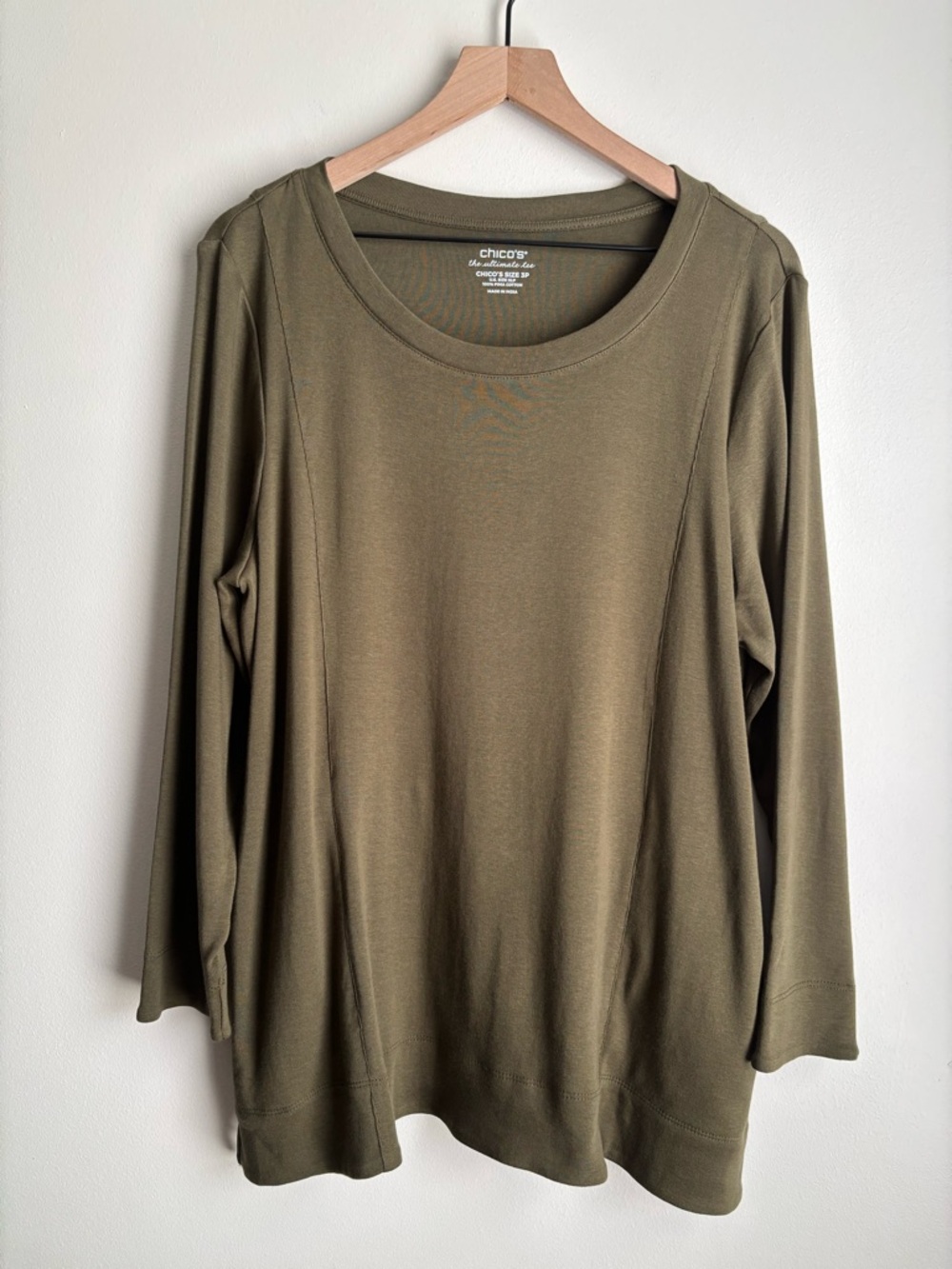 Chico’s Ultimate Tee Size 3P XLP Olive Green Pima Cotton Long Sleeve Pockets